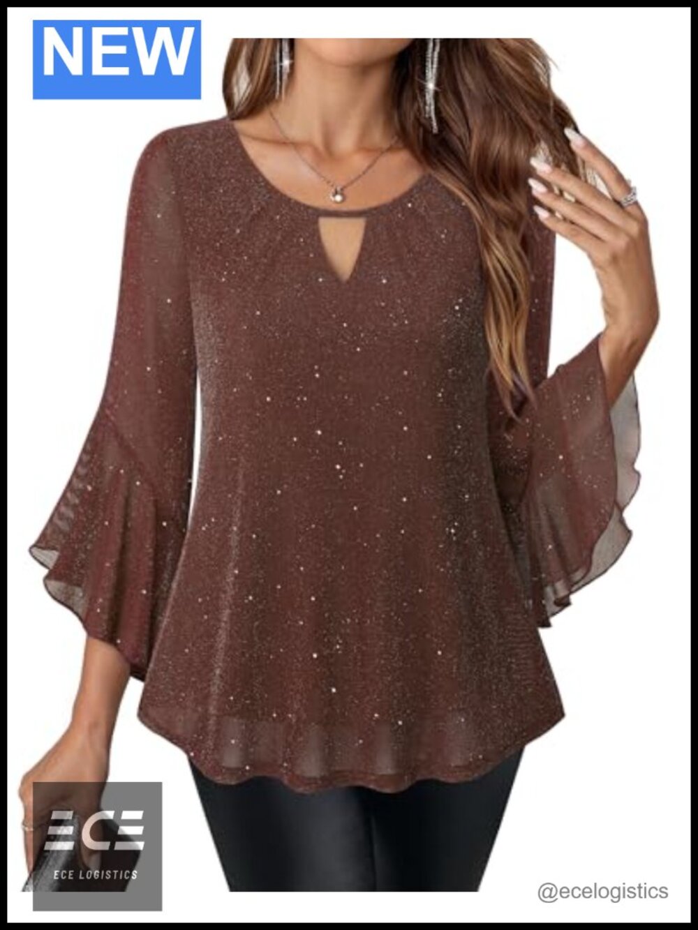 Sparkly Ruffle 3/4 Bell Sleeve Blouse Glitter Cocktail Party Evening Top